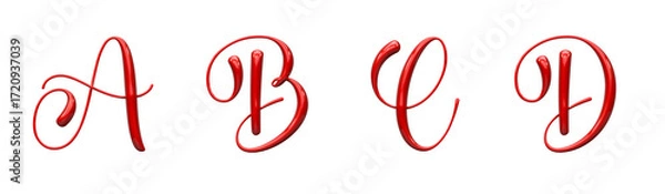 Fototapeta set of letters made of red glossy plastic, calligraphic style, typographic design, uppercase letter A, B, C, D