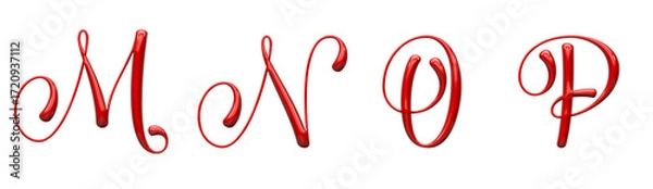 Fototapeta set of letters made of red glossy plastic, calligraphic style, typographic design, uppercase letter M, N, O, P