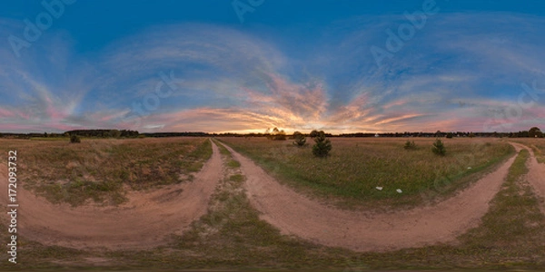 Obraz 3D spherical panorama with 360 viewing angle. Ready for virtual reality or VR. Full equirectangular projection. Sunset in the field. Road in the field.