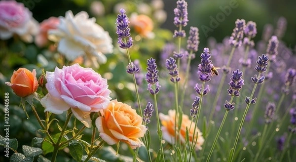 Fototapeta Beautiful garden scene with delicate pink, orange, and white roses blooming beside fragrant purple lavender, attracting a blurred bee in soft morning light.