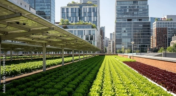 Fototapeta Innovative urban hydroponic farm with rows of vibrant green and red crops growing under artificial lights, set against a backdrop of modern city buildings.