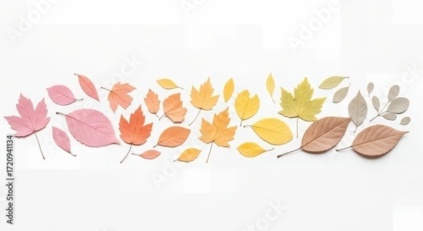Fototapeta Beautiful gradient arrangement of dried autumn leaves, transitioning from vibrant pinks to soft browns on a clean white background, symbolizing seasonal change.
