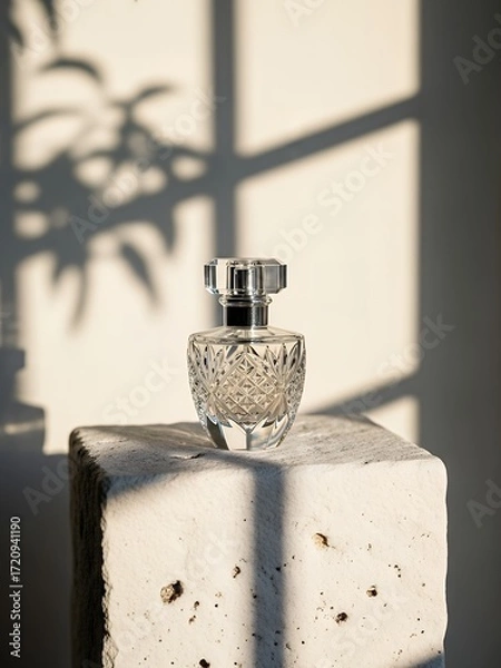 Fototapeta Elegant crystal perfume bottle on a textured concrete block, casting dramatic shadows against a light wall, highlighting luxury and fragrance.