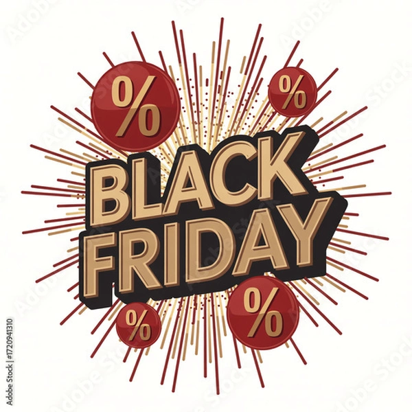 Obraz Black friday sale advertisement with percentage signs and burst background on transparent background