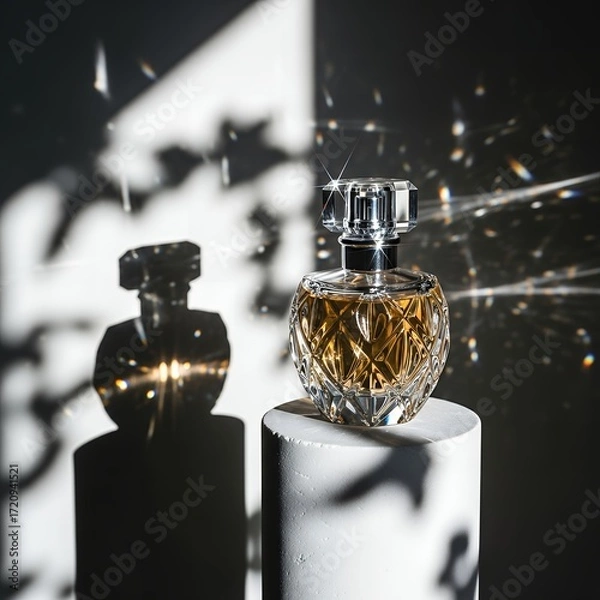 Fototapeta Exquisite crystal perfume bottle with golden liquid, creating sparkling light reflections and dramatic shadows on a white pedestal, conveying luxury and elegance.