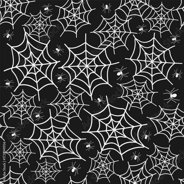 Fototapeta Seamless pattern filled with intricate spider webs and small spiders creating a spooky Halloween atmosphere