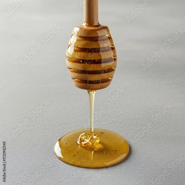 Fototapeta Golden honey gracefully dripping from a wooden dipper onto a clean grey surface, symbolizing natural sweetness and pure organic goodness.