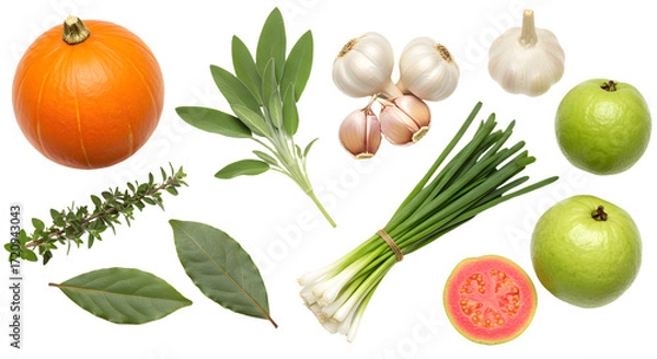 Fototapeta Fresh green apples, pumpkin, garlic, spring onions, herbs and guava isolated on white background, healthy fresh ingredients for cooking and recipes