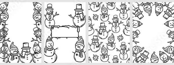 Fototapeta Set of backgrounds with snowmen on a white background, a winter vector illustration. Suitable for banners, postcards, surface textures, and albums.