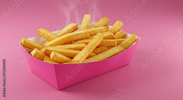 Fototapeta Golden fries steaming with flavor—served in a bold pink container for a pop-art twist on comfort food