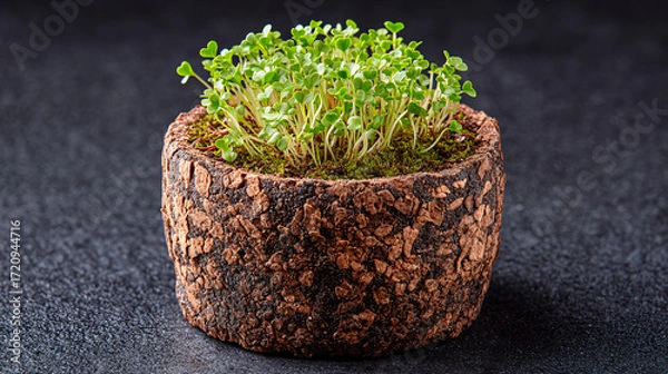 Fototapeta Fresh Microgreens Growing in a Round Cork Pot on a Dark Stone Surface