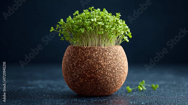 Fototapeta Fresh Microgreens in a Textured Clay Pot on a Dark Surface Showcasing Healthy Plant Growth in a Modern Kitchen Setting