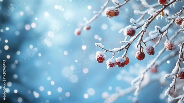 Fototapeta A snowy branch with red berries against a blue background with snowflakes falling.