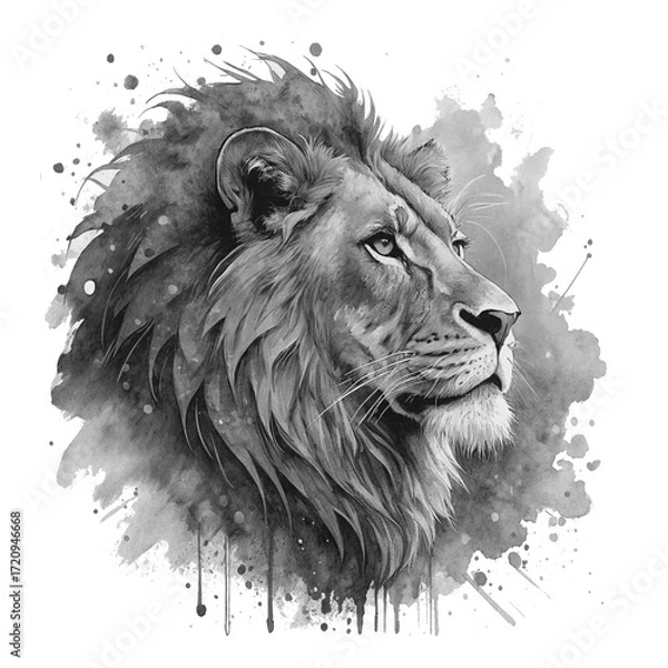 Obraz Majestic lion artwork with a modern artistic touch, perfect for logos, posters, and impactful designs, showcasing strength and grace in monochrome tones