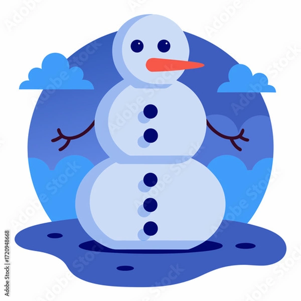 Fototapeta Snowman melting in sunlight surrounded by clouds in blue background  