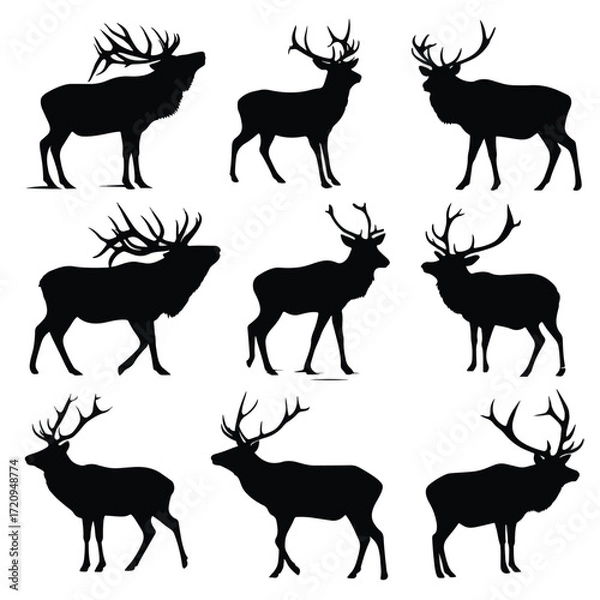 Obraz Black and white elk silhouette set for design
