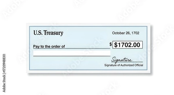 Fototapeta A flat design illustration of a $1702 stimulus check, centered on white background