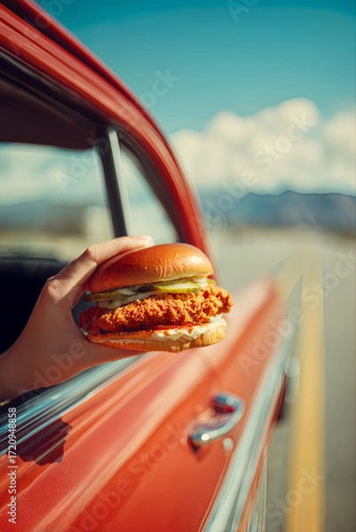 Fototapeta Crispy chicken burger held from red car on highway