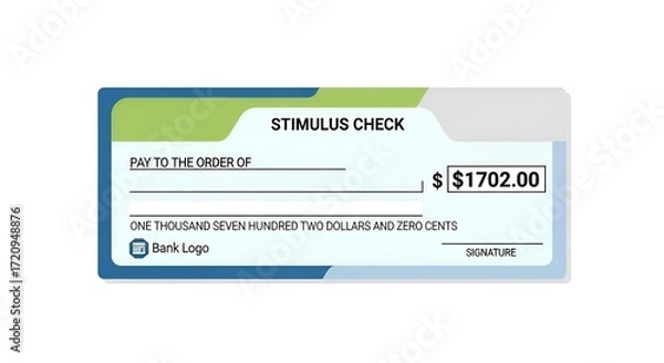 Fototapeta A flat design illustration of a $1702 stimulus check, centered on clean background