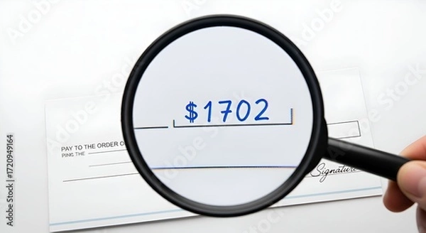 Fototapeta A magnifying glass focusing on the numbers “$1702” on a check, clean white background