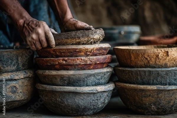 Fototapeta Hands Carefully Stacking Earthenware Bowls Rustic Workshop Setting