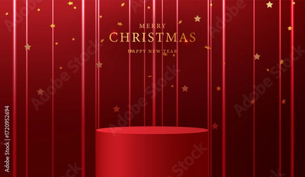 Fototapeta Podium shape for show cosmetic product display for christmas day or new years. Stand product showcase on red background with lighting christmas. vector design.
