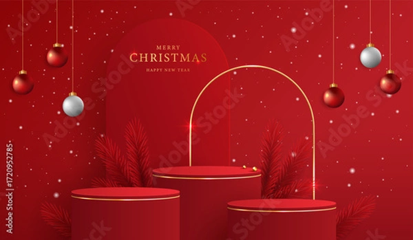 Fototapeta Podium shape for show cosmetic product display for christmas day or new years. Stand product showcase on red background with lighting christmas. vector design.