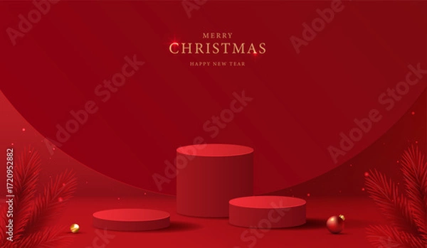 Fototapeta Podium shape for show cosmetic product display for christmas day or new years. Stand product showcase on red background with lighting christmas. vector design.