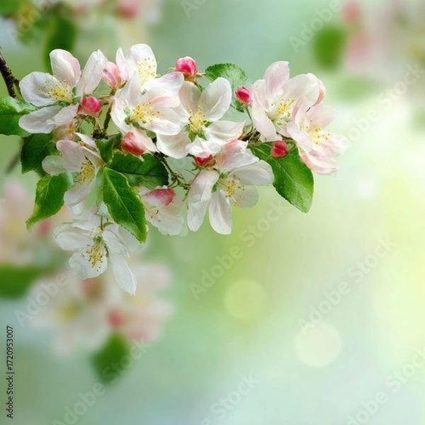 Fototapeta Apple Blossom Branch with Flowers and Buds on Bokeh Background.