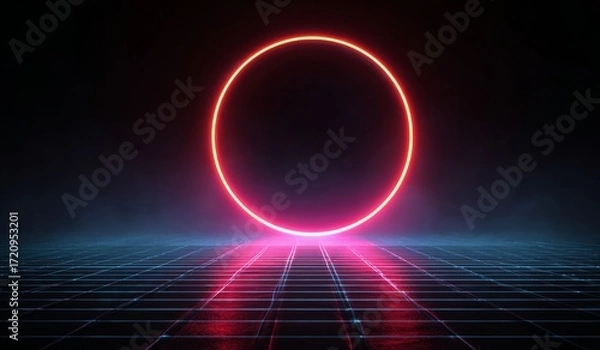 Fototapeta Neon Circle Portal on Grid Floor, Abstract Background.