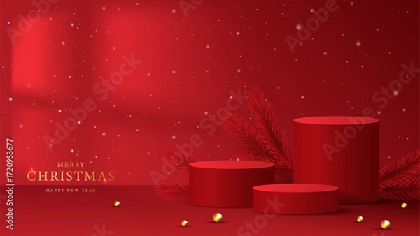 Fototapeta Podium shape for show cosmetic product display for christmas day or new years. Stand product showcase on red background with lighting christmas. vector design.
