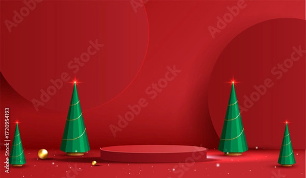Fototapeta Podium shape for show cosmetic product display for christmas day or new years. Stand product showcase on red background with lighting christmas. vector design.