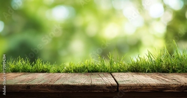 Fototapeta Wooden Table and Green Grass in Spring Background