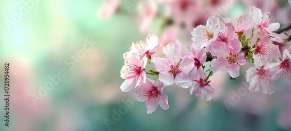 Fototapeta Cherry Blossom Branch with Pink Flowers and Bokeh Background.