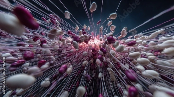 Obraz Colorful bean varieties bursting like fireworks against a starry backdrop, each one releasing vibrant glowing life-energy particles, creating stunning visual display of energy, movement, color cosmic 