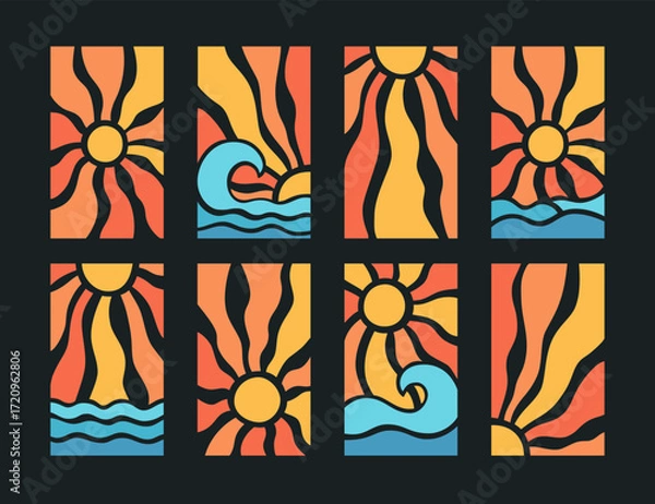Fototapeta Yellow sun rays and blue sea beach psychedelic background. Wavy rays in boho groovy style. Abstract sun burst poster. Nature texture. 70s, 80s design bg. Vector illustration isolated black background.