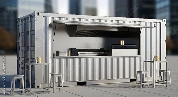 Fototapeta Sleek Silver Shipping Container Pop-Up Cafe with Outdoor Seating in Urban Setting.