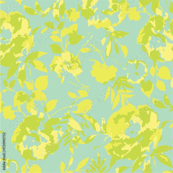 Fototapeta Big flower,Seamless watercolor floral pattern, flowers elements, green leaves branches on dark black background; for wrappers, wallpapers, postcards, greeting 