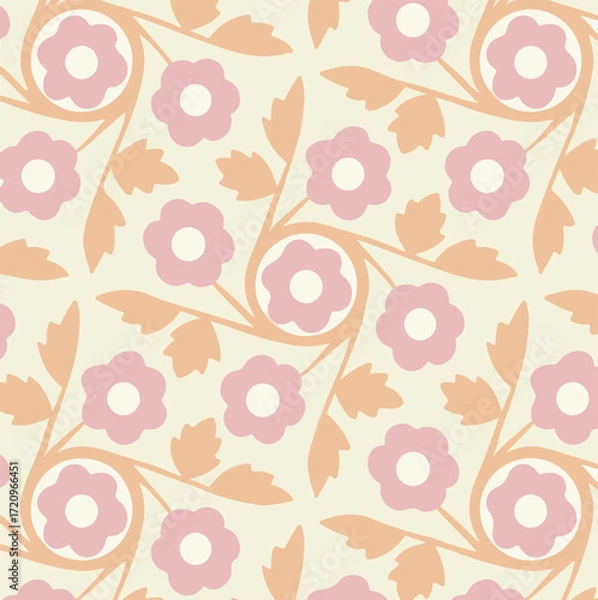Fototapeta A vibrant, seamless floral pattern with watercolor-style pink flowers and leaves on a white background