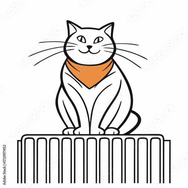 Fototapeta Smiling white cat with orange scarf sitting on radiator isolated on white background  