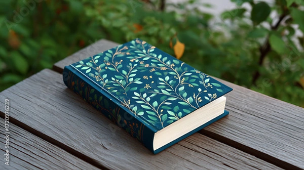 Fototapeta Blue book with floral pattern on wooden table in the garden. Outdoor reading, relaxation, and nature concept.