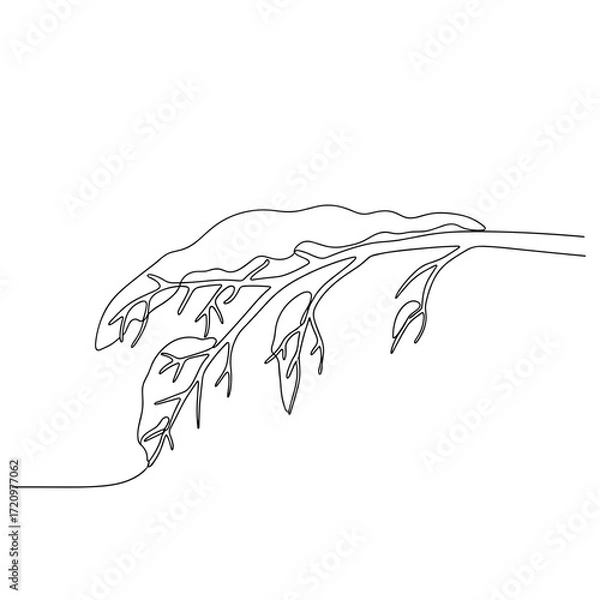 Fototapeta Snow-covered tree branch in minimalist black line art style