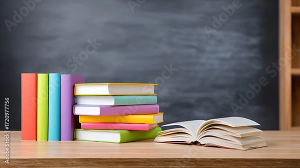 Fototapeta Stack of books on wooden table with blackboard background. Back-to-school, learning, and education concept.
