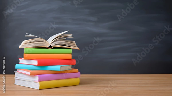 Fototapeta Books on wooden table with blackboard background. Education, learning, and back-to-school concept.