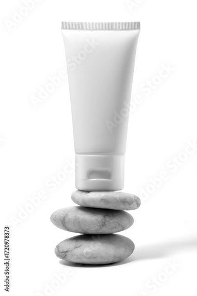 Fototapeta White plastic cream tube with stone for mockup isolated on white background. Selective Focus.
