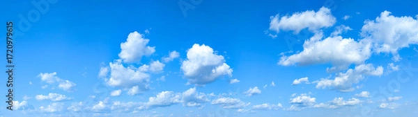 Fototapeta Wide detailed panorama of the sky with a large number of clouds. Spacious summer clear space with cloud flying towards the wind. Uniform filling with white spots of diagonal movement