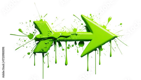 Fototapeta Green arrow icon with paint splatters and drips Modern abstract design Vector illustration Isolated on white background