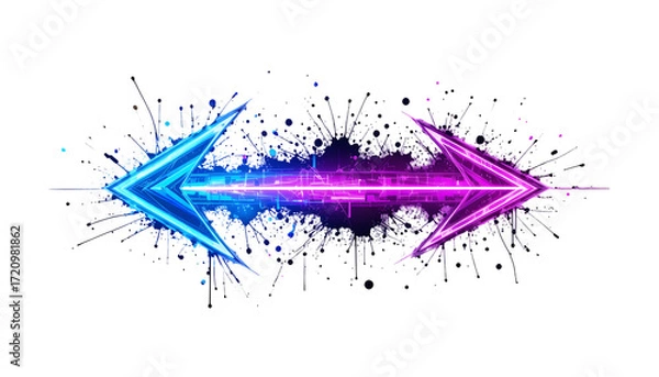 Fototapeta Two neon arrows pointing opposite directions Glowing vibrant color effect Ink splatters background Abstract design Vector illustration