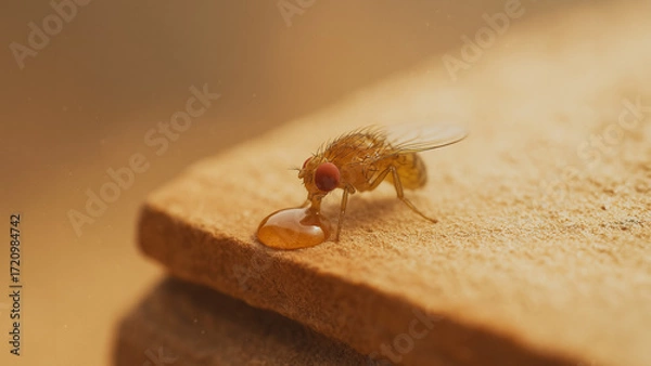 Fototapeta An intriguing close-up of a fruit fly, in a moment of serene indulgence, relishing a droplet of honey on the rough edge of a wooden surface, bathed in the warm sunlight.