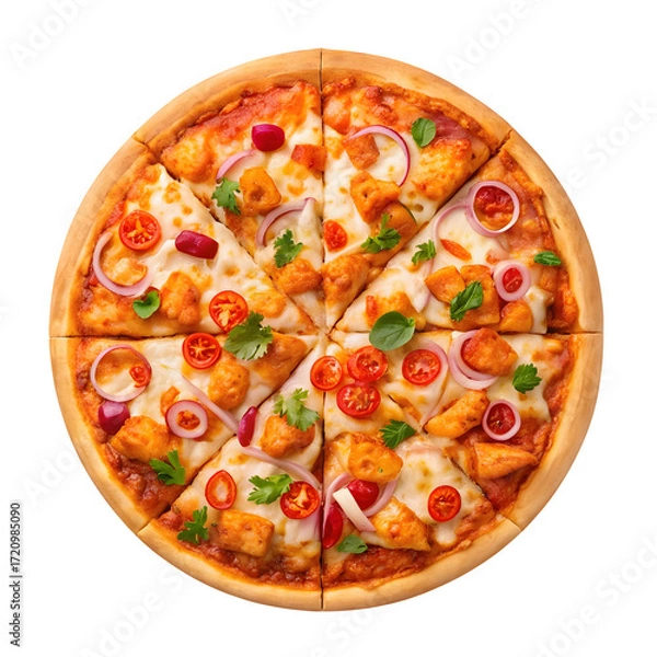 Fototapeta A close-up overhead view of a delicious whole pizza with chicken, cherry tomatoes, red onion, and fresh basil on a white background